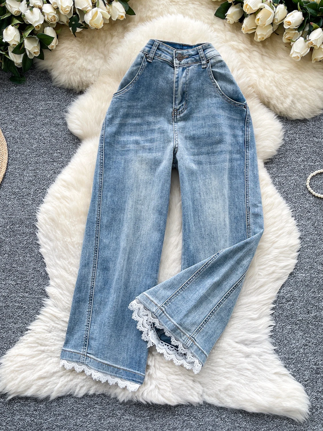 

Light Blue High Waist Slimming Lace Splice Casual Wide Leg Jeans Women's Summer Faion plus Size Seven Inches Pants