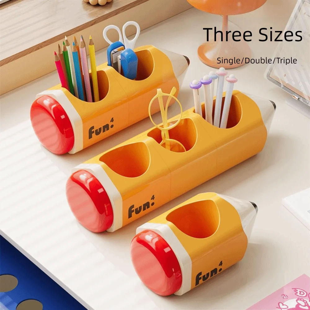 Plastic Pencil Holder Pencil-Shaped Multi-Compartment Pen Holder Cartoon Style Open Top Stationery Organizer School Supplies