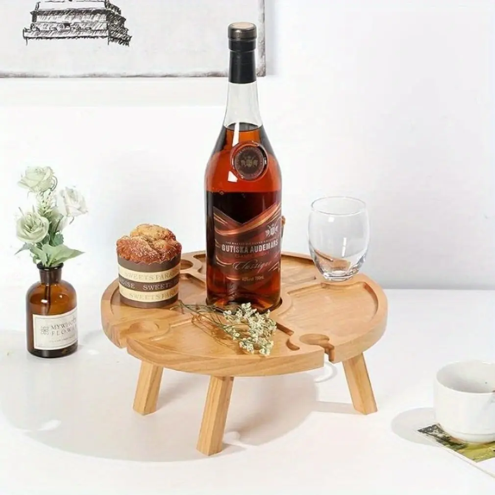 2024 Outdoor Wooden Folding Picnic Table With Holder Round Desk Wine Glass Rack Collapsible Table