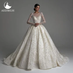Aedmgh Ball Gown Vintage Wedding Dresses O-Neck Long Sleeve Vestido De Novia Lace Beaded Cathedral Train Custom Made Bridal Gown