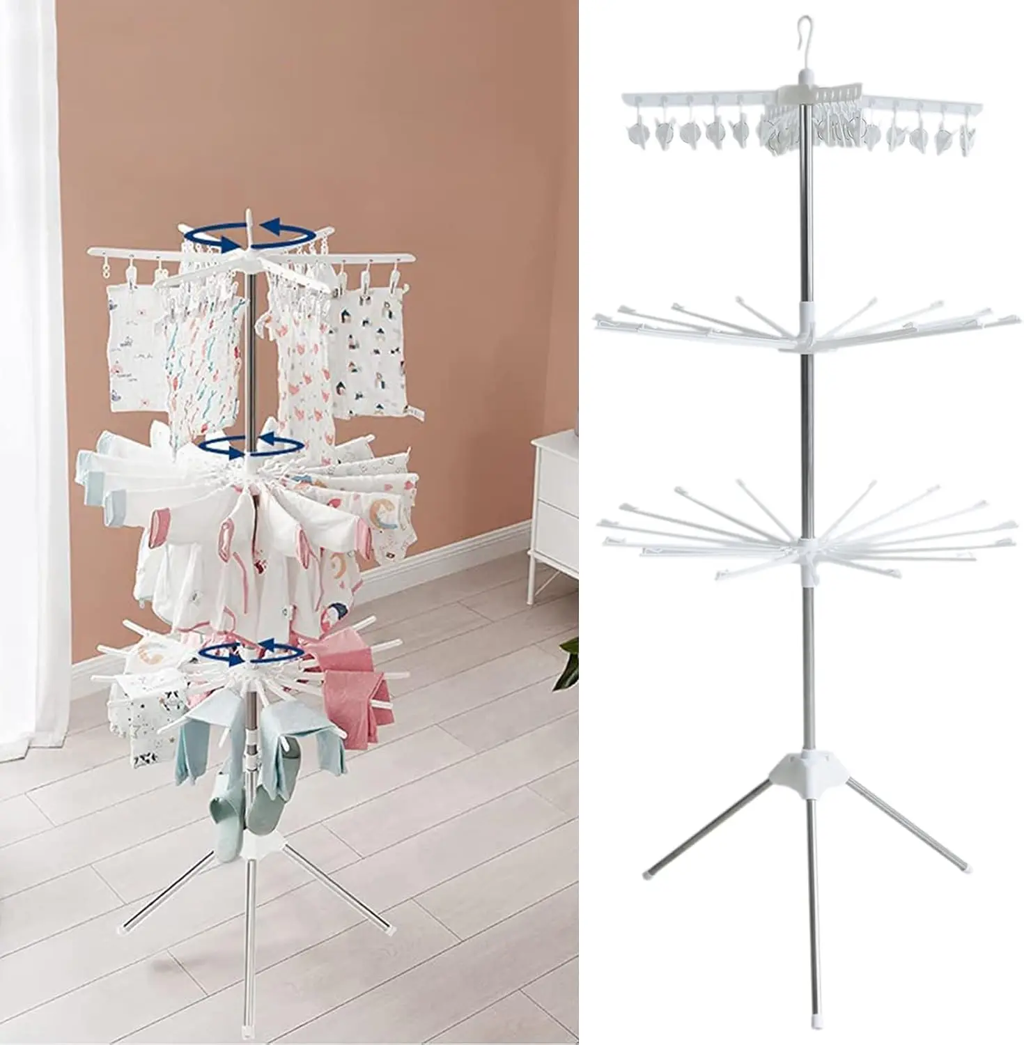 

3-Tier Clothes Hanger Clothes Drying Rack Laundry Foldable 360 ° Rotation Indoor Clothing Laundry Hanger Dryer Organizer