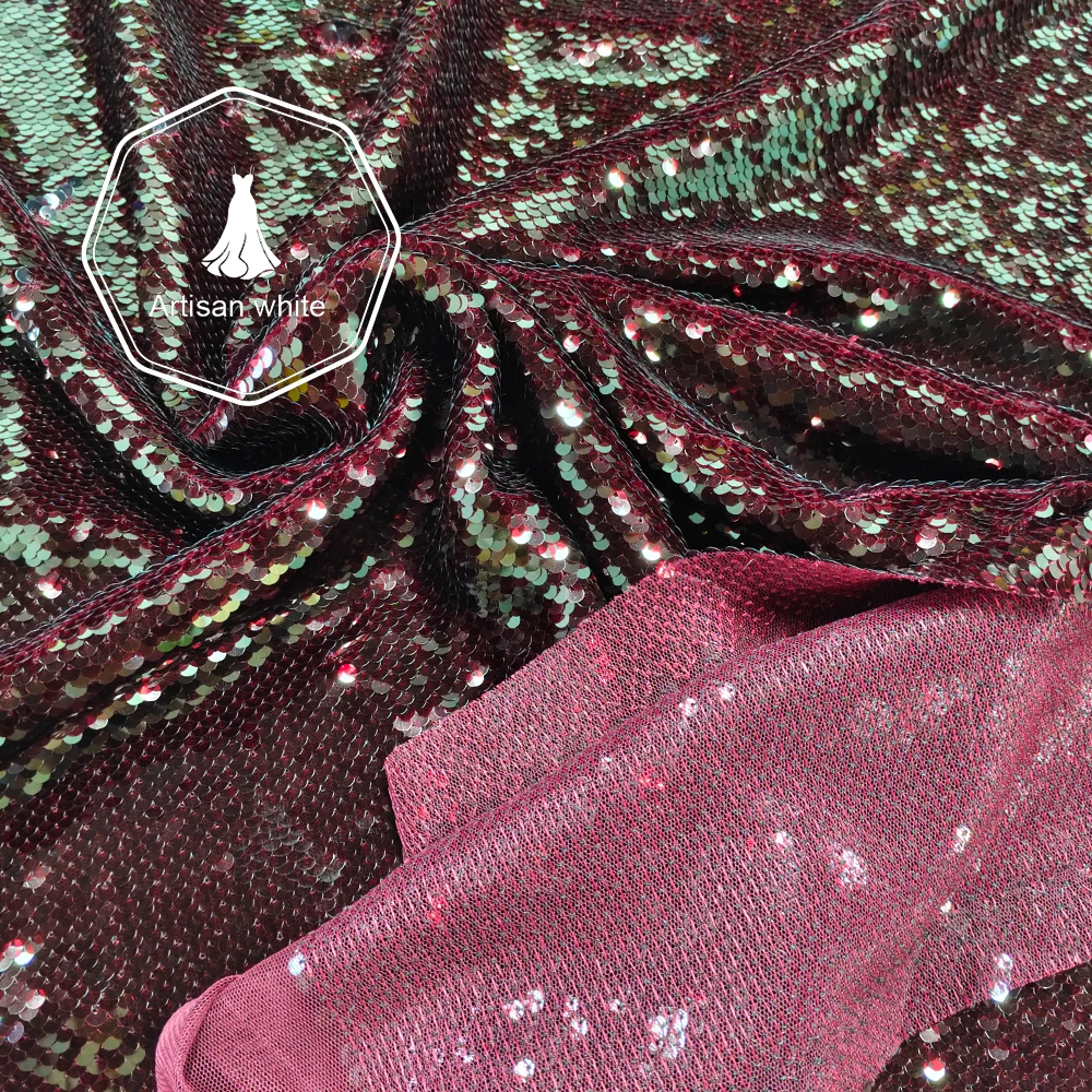 Tessuto con paillettes bordeaux lucido Panno a rete con glitter scintillanti per abito da sera Abito da ballo Costume di scena fai da te