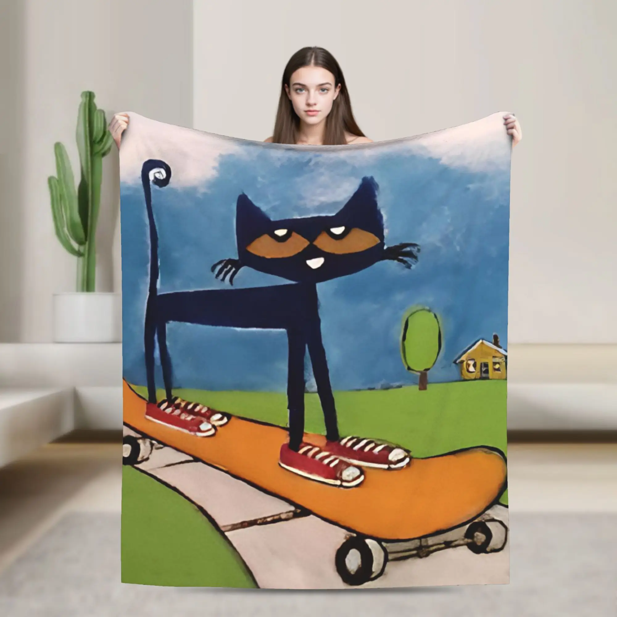 Pete the Cat Blankets Fleece All Season Skateboarding Cat Multi-function Lightweight Throw Blanket for Sofa Couch Bedding Throws