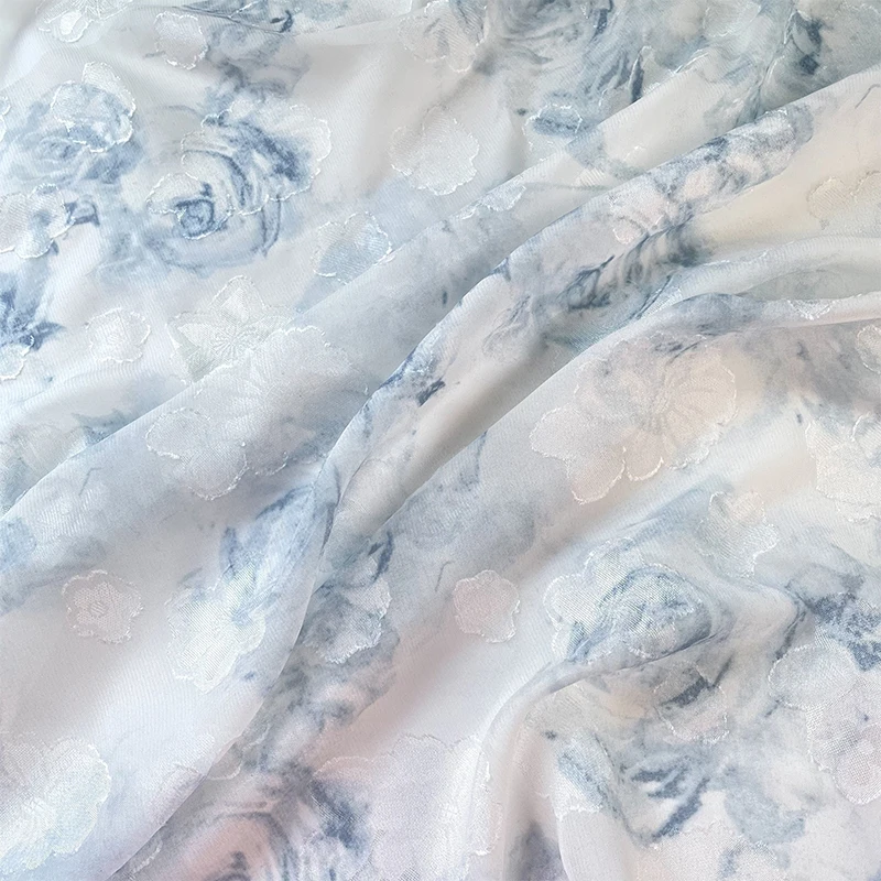 Jacquard Chiffon Fabric Semi Transparent Light Blue Halo Dyed Rose Hanfu Dress Shirt Diy Fashion for Sewing Cloth Skin Friendly