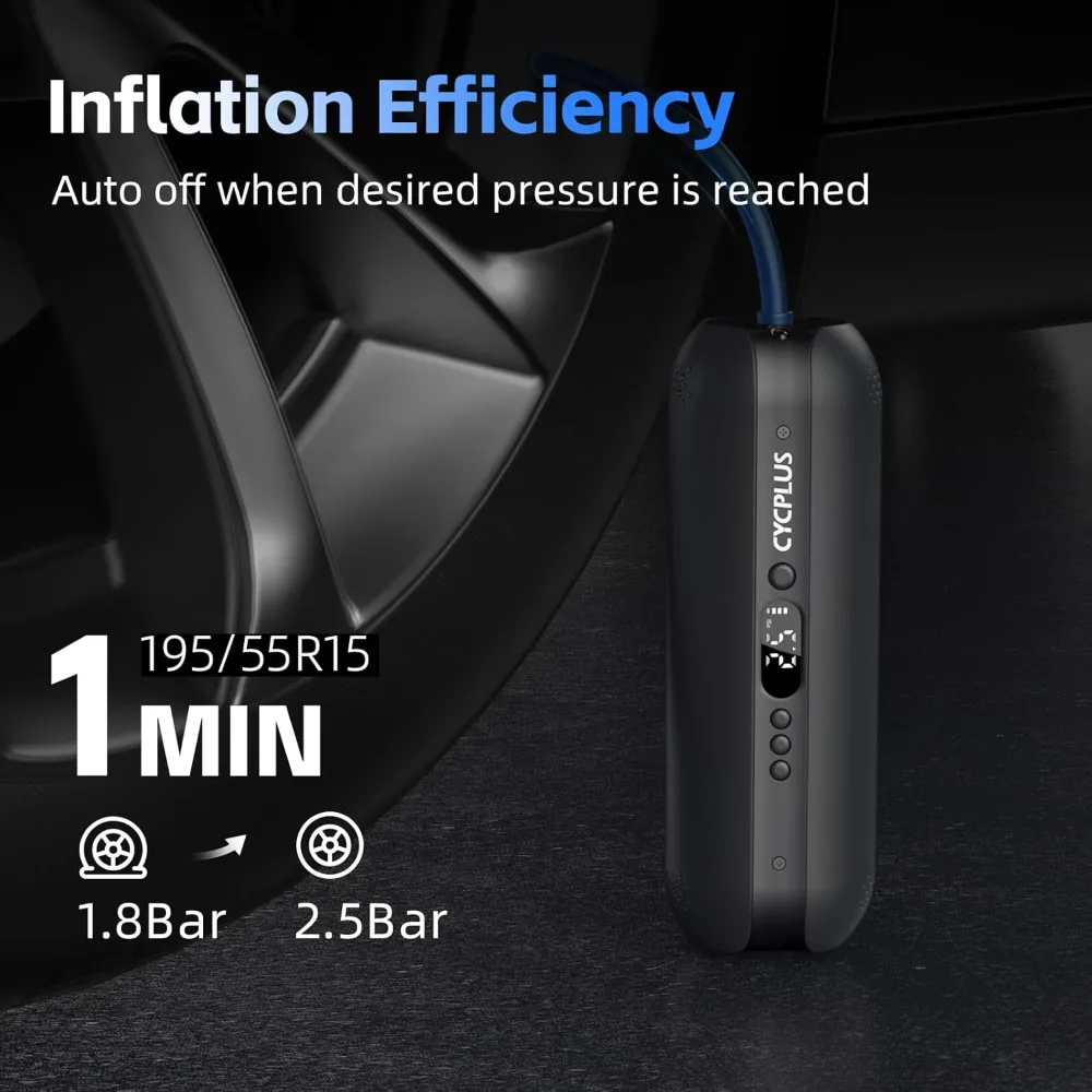CYCPLUS منفاخ الإطارات ضاغط هواء محمول - مضخة هواء لاسلكية 150 رطل لكل بوصة مربعة مع مقياس ضغط الإطارات الرقمي، شاشة LCD دقيقة #2