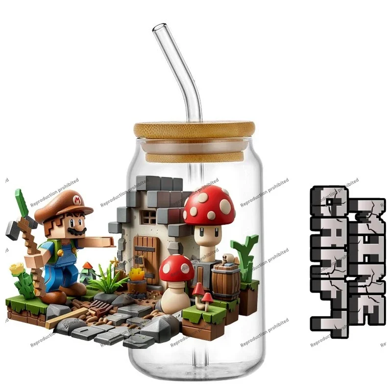 Pixel Adventure Character UV DTF Transfer Decals, Forest Sword & Monster Waterproof DIY Cup Wrap for 16oz Libbey Glass Can