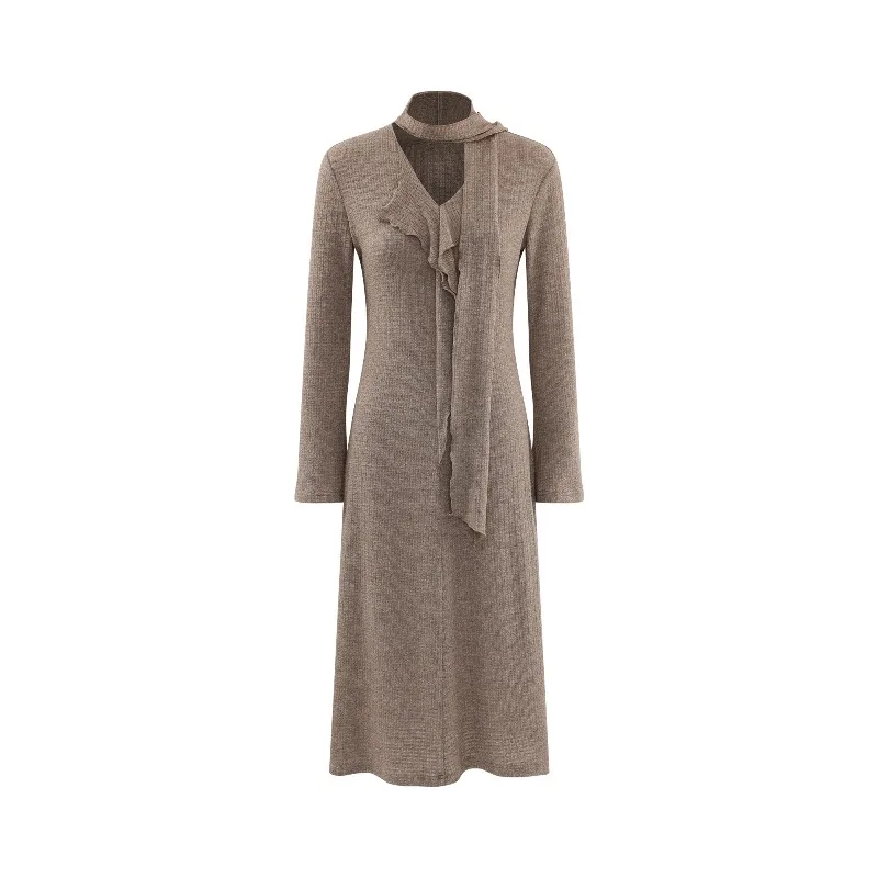 Elegant French V-Neck Knit Dress Women Long Sleeve Elastic Maxi Dress Asymmetrical Design Belted Long Dress for Autumn Winter