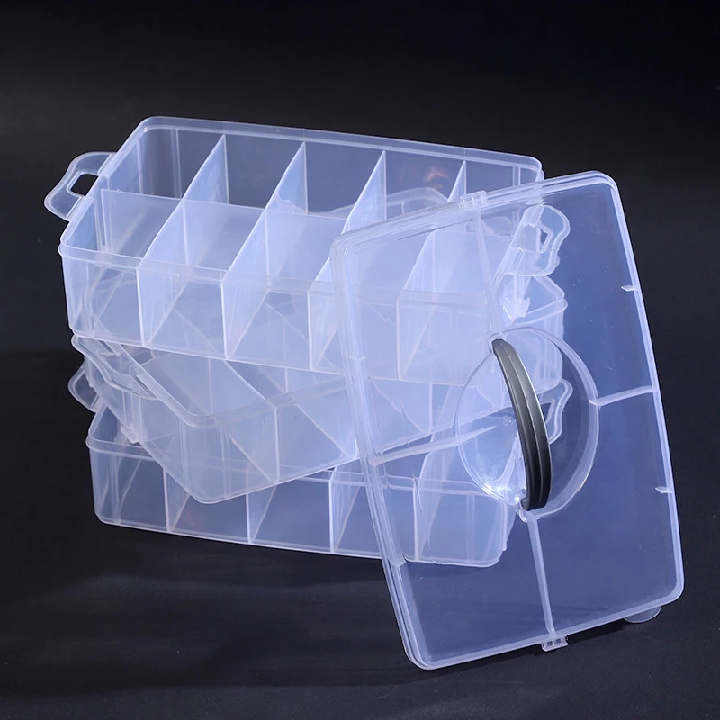 صندوق مجوهرات بلاستيكي شفاف قابل للتكديس ، علبة تخزين ، حاوية مع فواصل قابلة للتعديل ، 3 طبقات ، منظم الخرز ، 30 شبكة