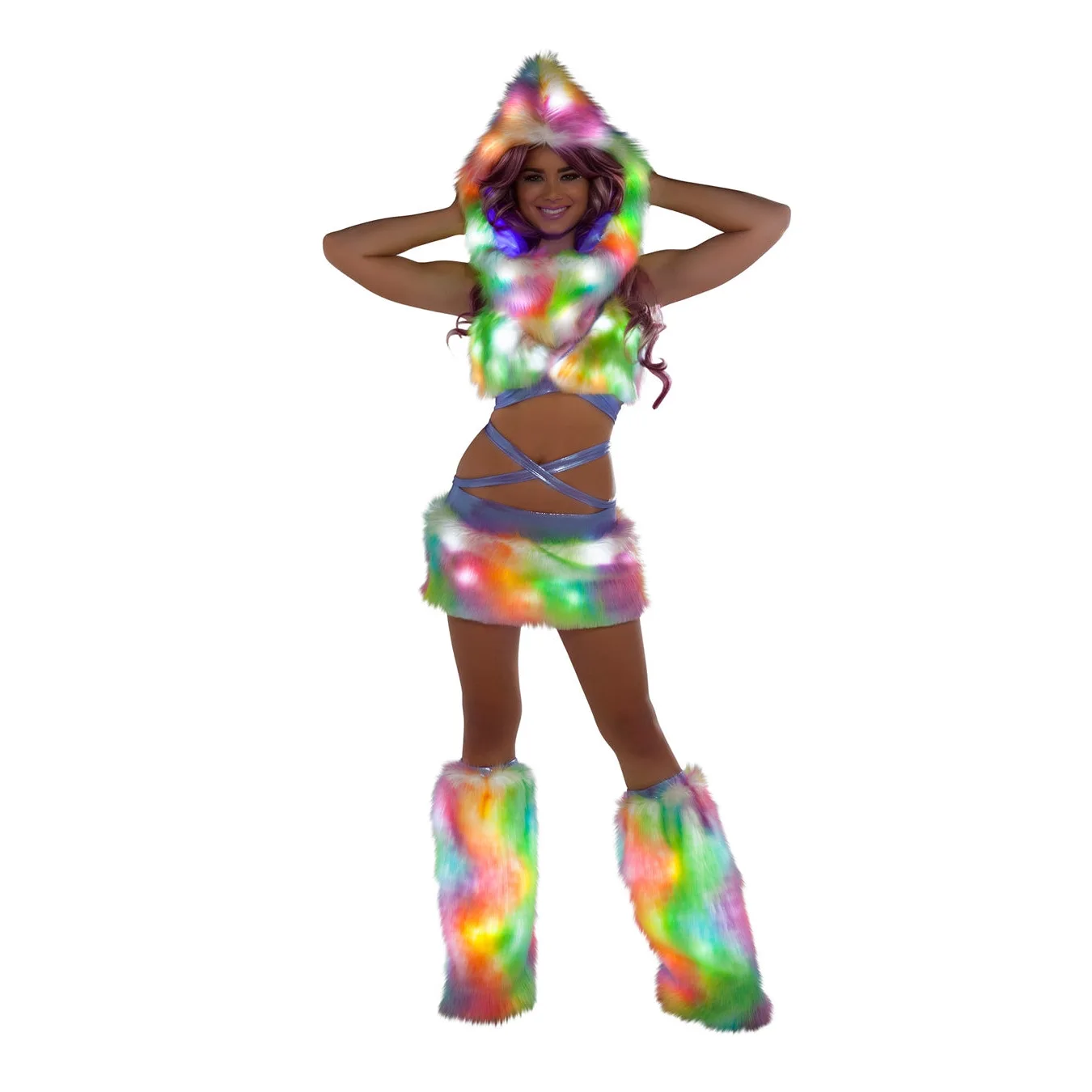 LED مجموعة ملونة كرنفال تأثيري حلي المرأة قبعة سترة تنورة تدفئة الساق أكمام بيكيني فو الفراء دافئ وأنيق لمحبي