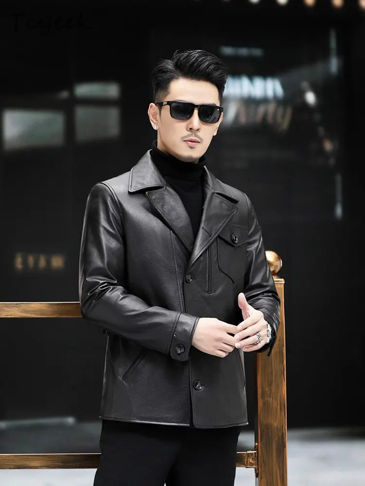 Tcyeek Top Layer Cowhide Real Leather Jacket Man Motorcycle Jackets Spring Autumn Men Clothes Suit Collar Slim Jaqueta Couro