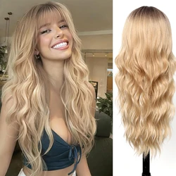 Brown Blonde Ombre Synthetic Wigs with Bnags Long Water Wave Gold Hair Highlight Platium Wigs Machine Made Wigs for White Women