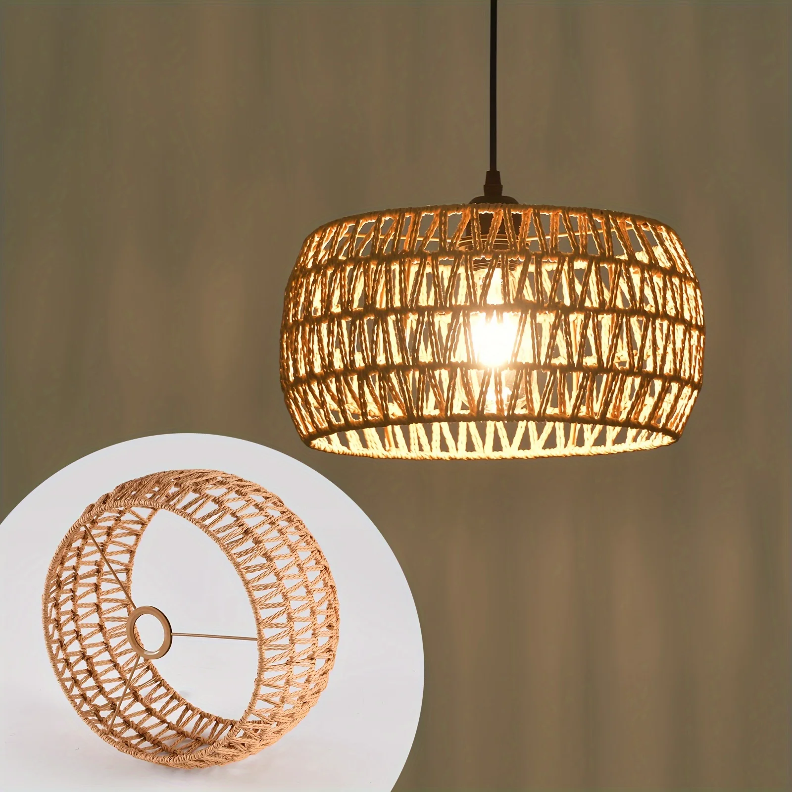 Handmade Bamboo Rattan Wicker Hanging Lamp Rustic Braided Rope Lampshade Pendant Lights for Kitchen Living Room Bedroom Corridor