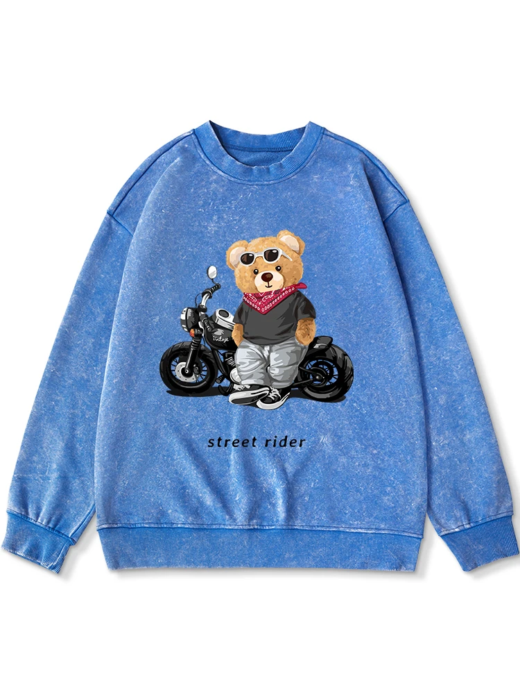 Motorcycle Enthusiast Street Rider Printing Distressed Washed Sweatshirt Women'S Simple Retro Street Oversize Autumn Pullover