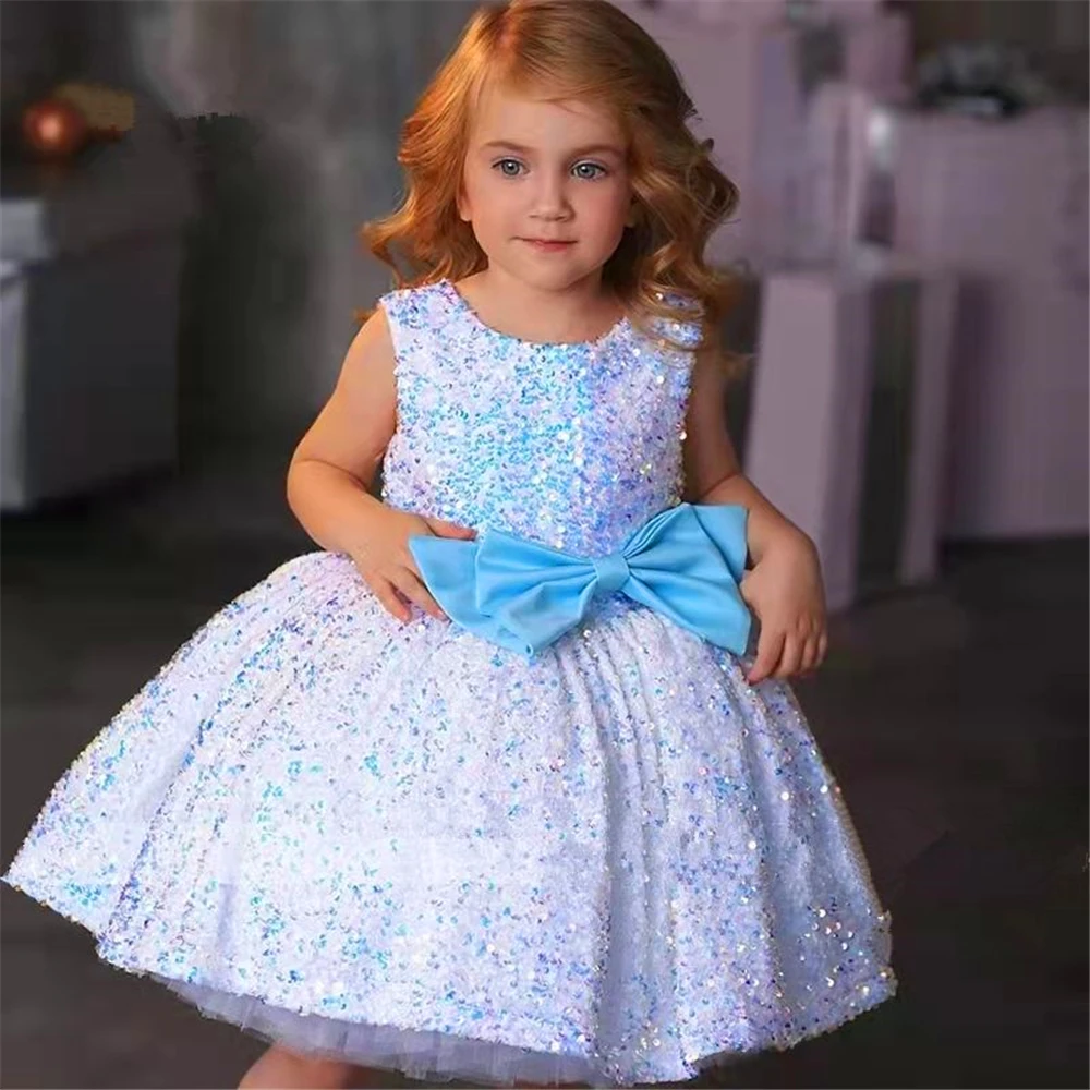 Flower Girl Dress Sleeveless Tulle Lace Sequins Lovely Bow Princess Ball First Communion Dresses Kids Surprise Birthday Present