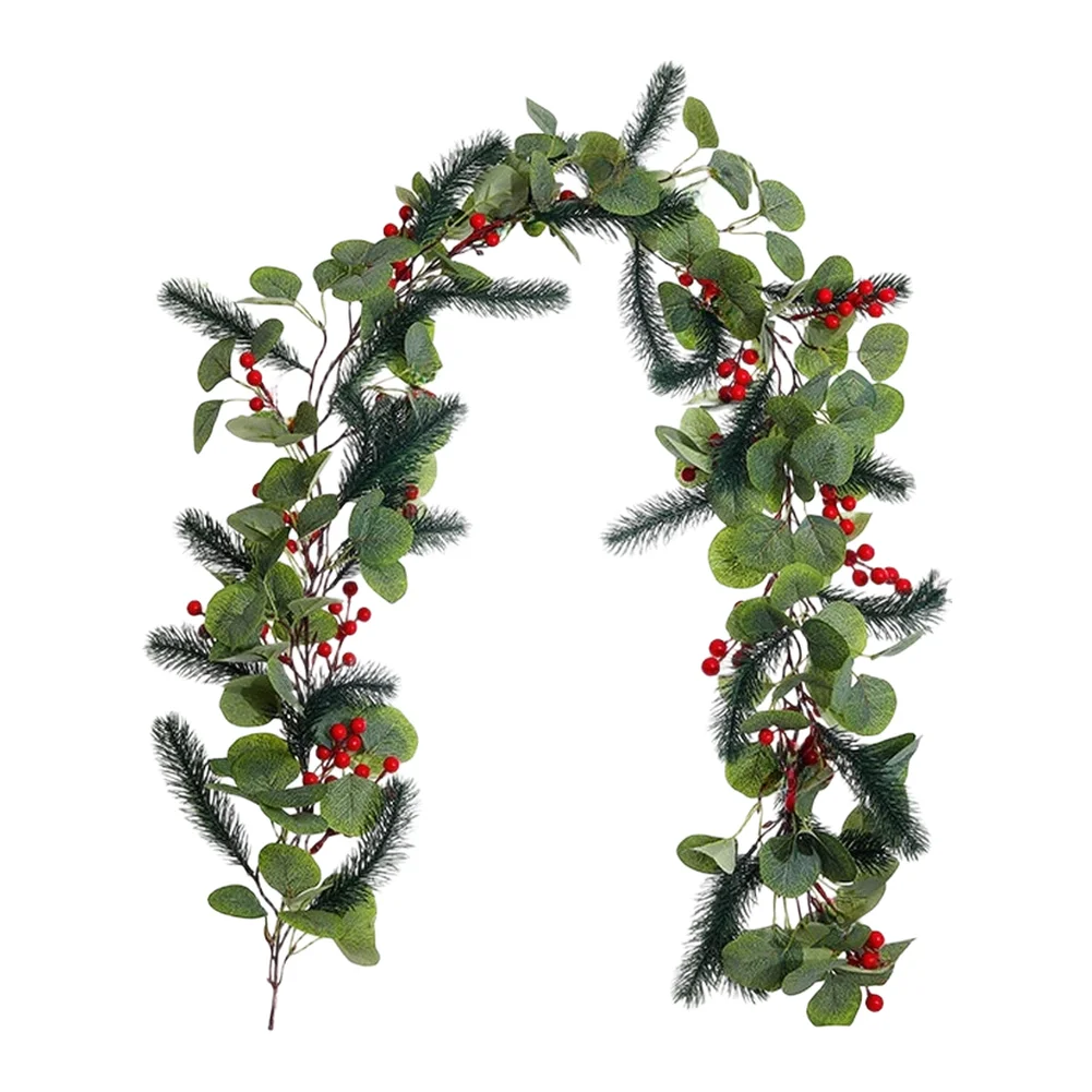 Christmas Garland 175cm Red Berries Green Pine Needles Silk Flower for Indoor Outdoor Festive Party Decoration