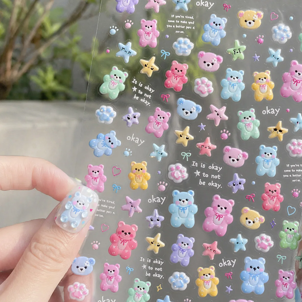 1PCS Cute Macaron Little Bear Jelly Nail Stickers Sweet Star Design Self Adhesive Nail Art Decoration Stickers DIY Manicure Tool
