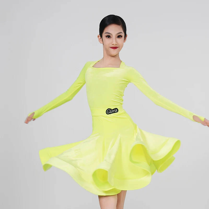 2024 Latin Dance Dress Girl's Square Neck Long Sleeves Dance Set Fishbone Swing Skirt Smaba Stage Waltz Performance Wear XH1224