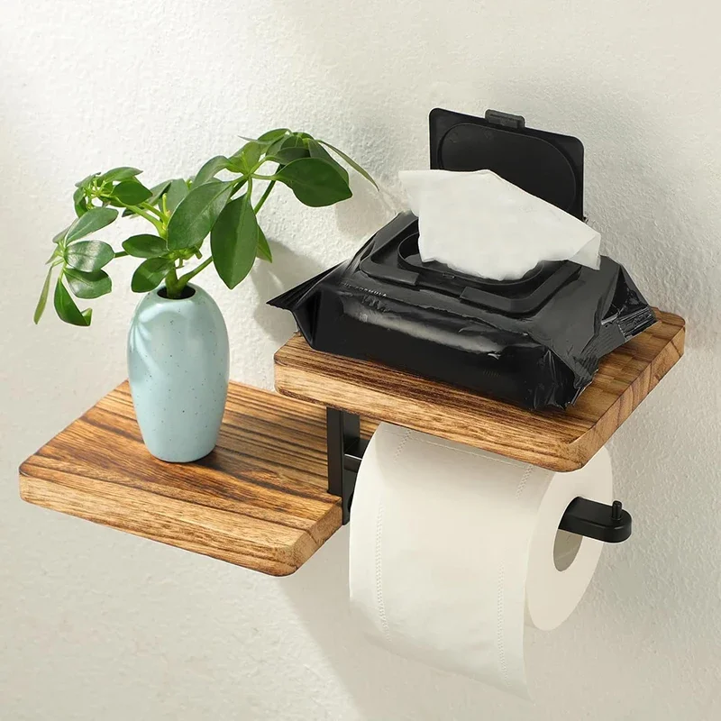 

Wooden Wall Mounted Bathroom Wallpaper Rack Toilet Paper Roll Holder Black Hanging Tissue Roll Dispenser Kitchen Accessories