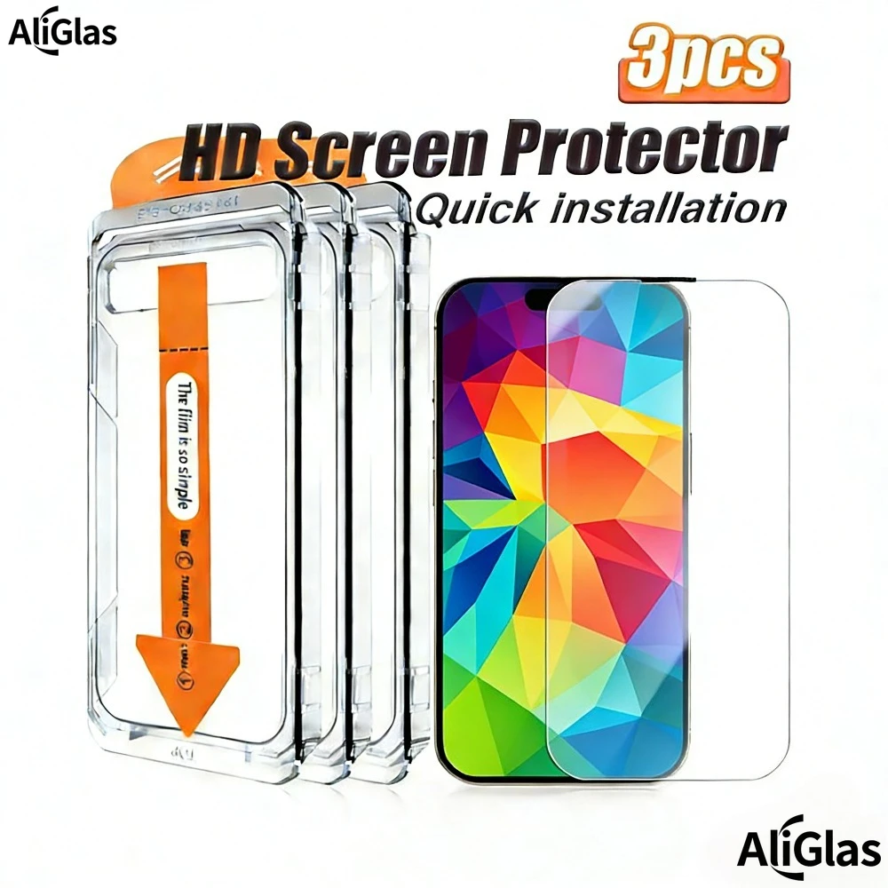 

3 шт., защитная пленка для экрана с полным покрытием для iPhone 17 16 15 14 Pro Max Air 16 15 14 Plus 13 12 11 Pro Mini One Click, монтажное стекло