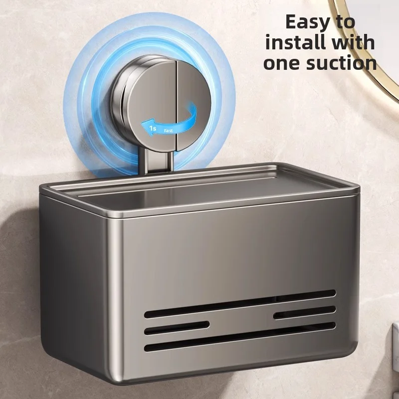 Suction Cup Wall Mount Toilet Paper Holder Dispenser Storage Box for Bathroom Kitchen, No Drill Tissue Organizer