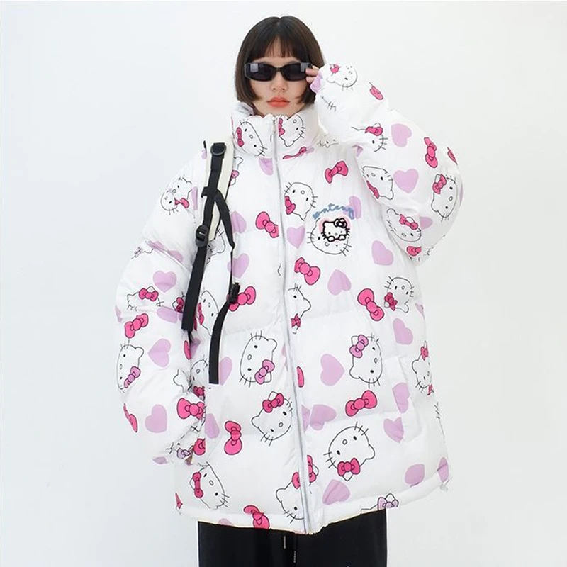 Fun Cartoon Hello Kitty Stand-Up Collar Cotton Coat Sanrioed Christmas Winter Style Girl Loose Kawaii Thickened Warm Jacket