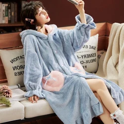 Women Lovely Bath Robe Hooded Nightgown Cartoon Winter Plush Pajamas Cute Adults Animal Flannel Sleep Dress Kigurumi Sleepwear