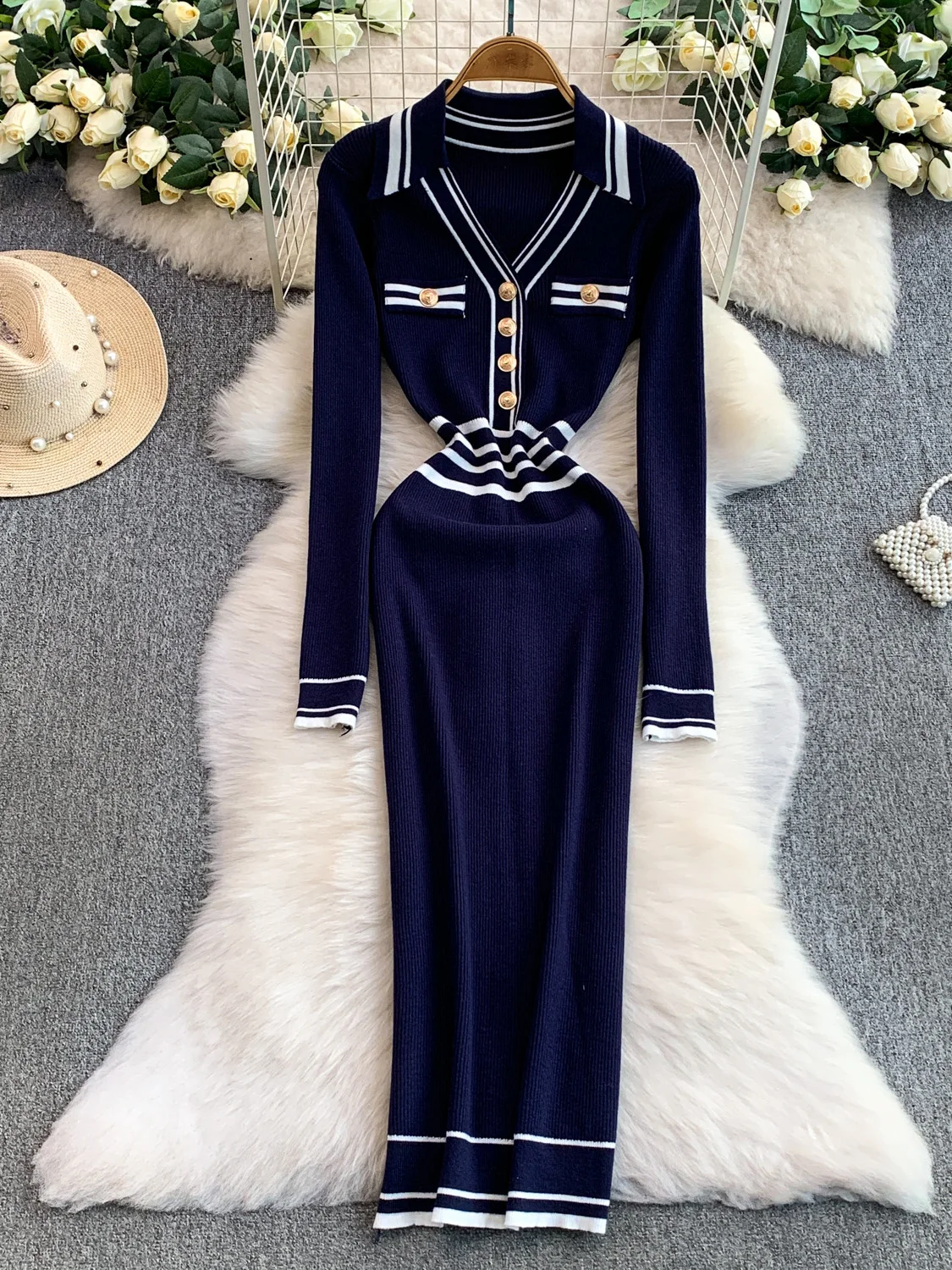 Coreano sle v-ne malha dr feminino outono inverno listrado cintura-concha camada base tubo reto saia faionable