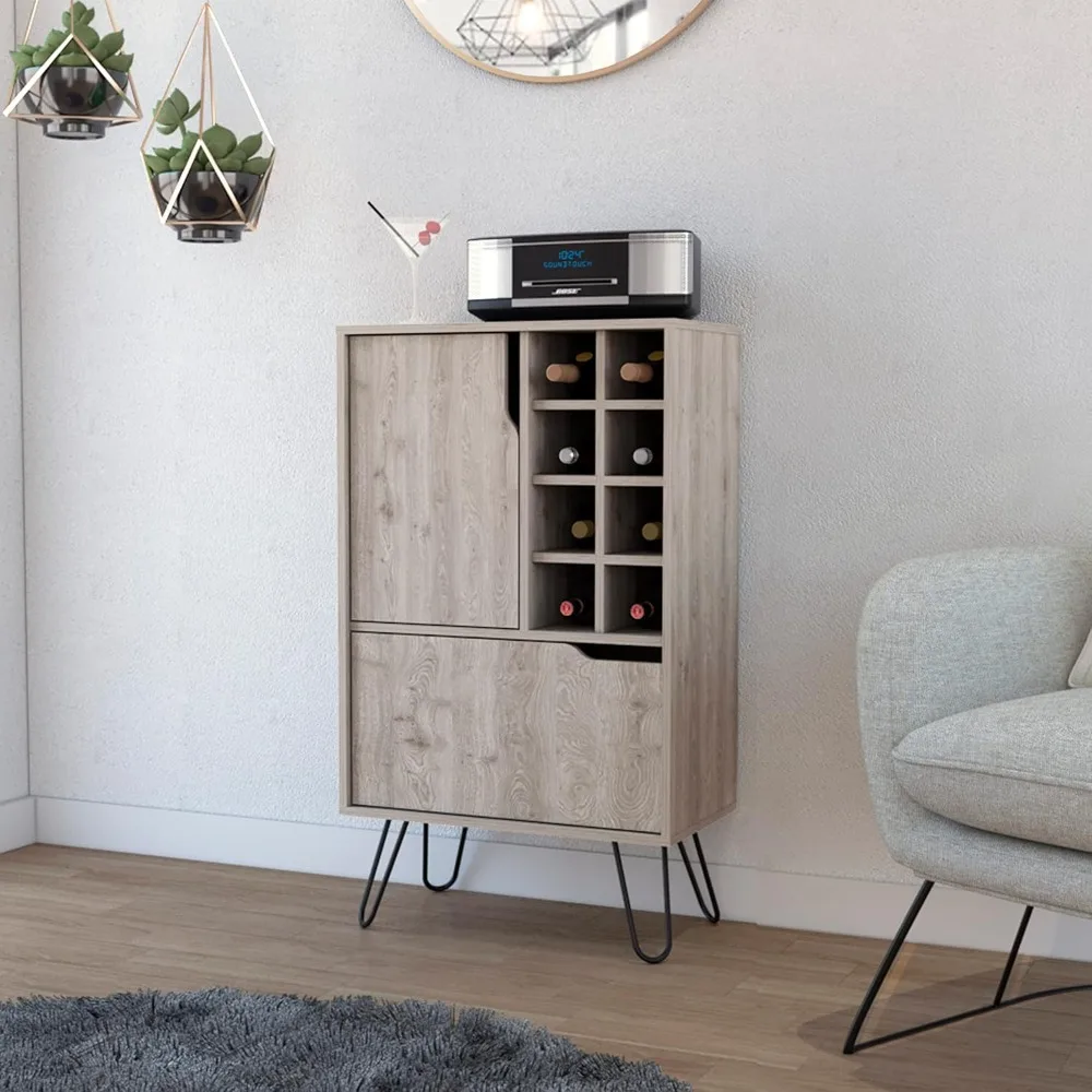 

L Bar Cabinet, Eight Built in Wine Rack, Single Door Light Gray