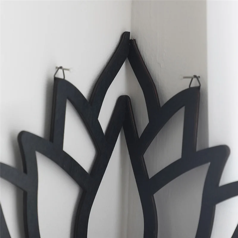 LICE-1개 연꽃 모양 코너 선반 나무 벽걸이 플로팅 선반 블랙 우드 침실 서재 장식용