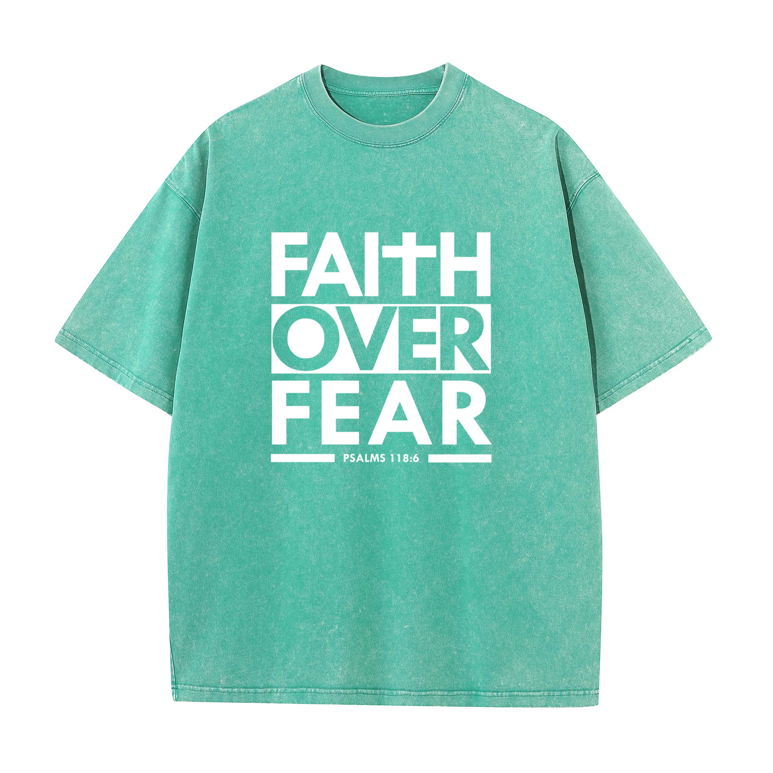 Faith Over Fear Bible Scripture Verse Christian Pullover Bleach style Tshirt High Street Men Washed style T shirt Tee