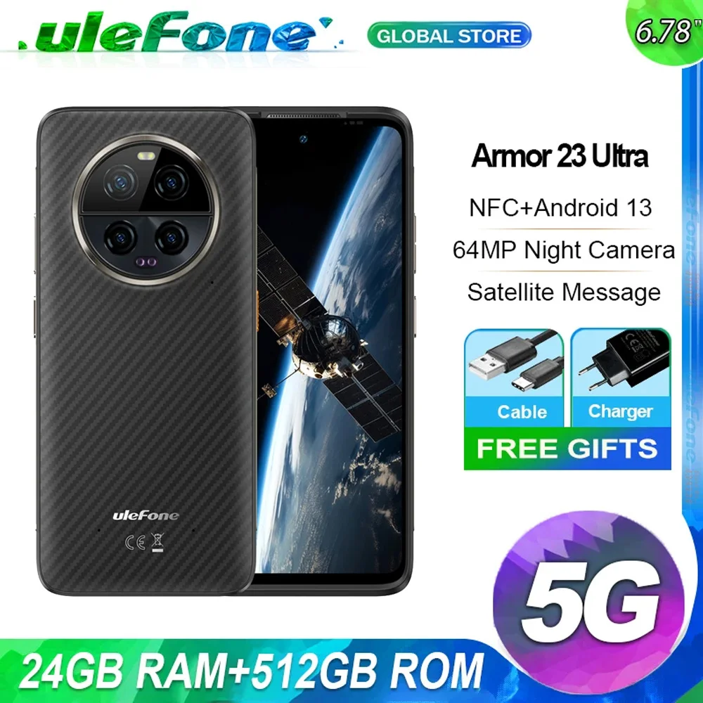 Ulefone Armor 23 Ultra 5G Rugged Phone Satellite Message 120W Smartphone 64MP Night Camera 24GB+512GB NFC Android 13Mobile Phone