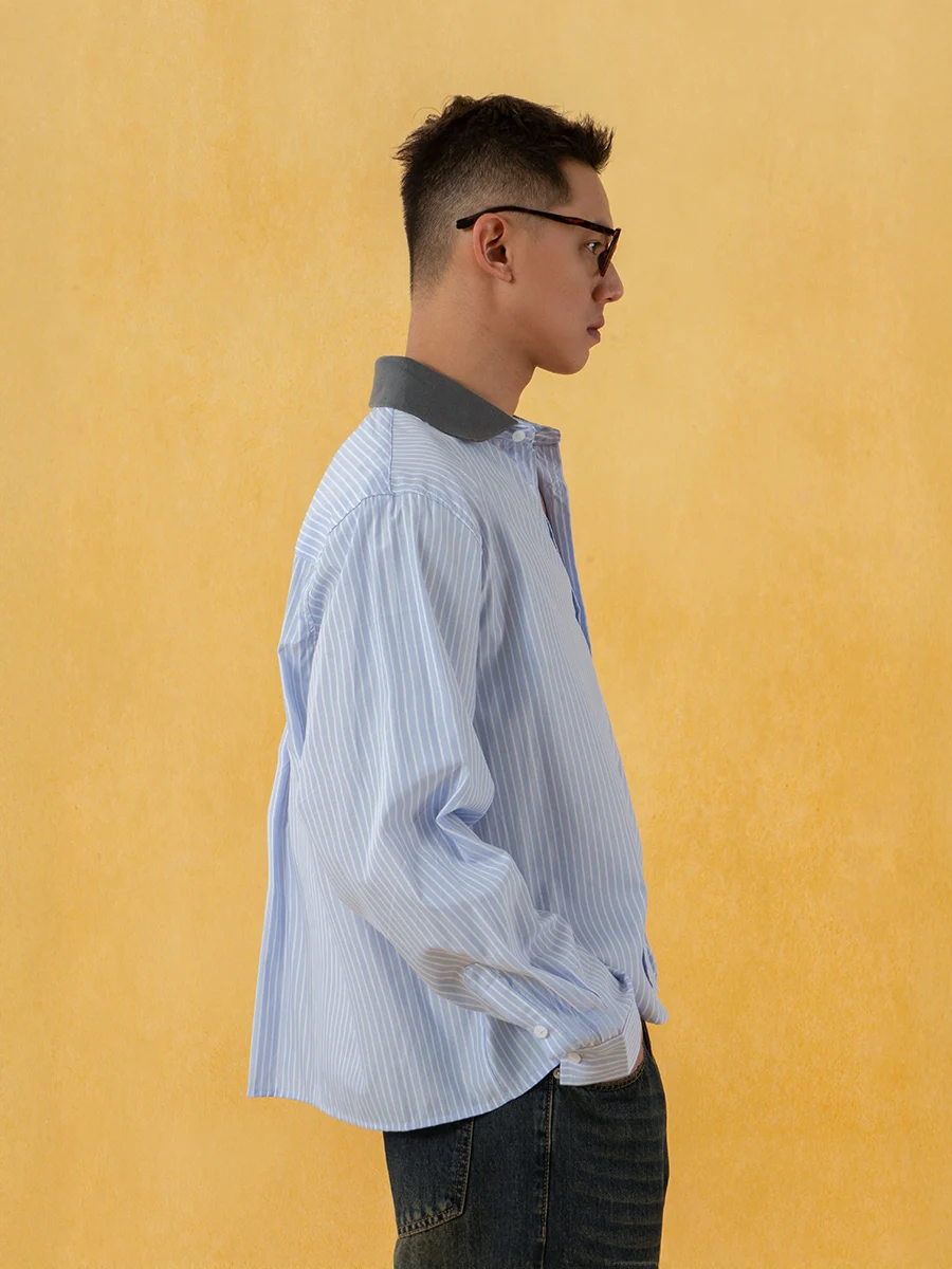 Blue Striped Contrast Color Lapel Long-sleeve Shirts Men's 2025 Four-season Wear Loose Casual Tops Trendy Youth Retro Chic Shirt