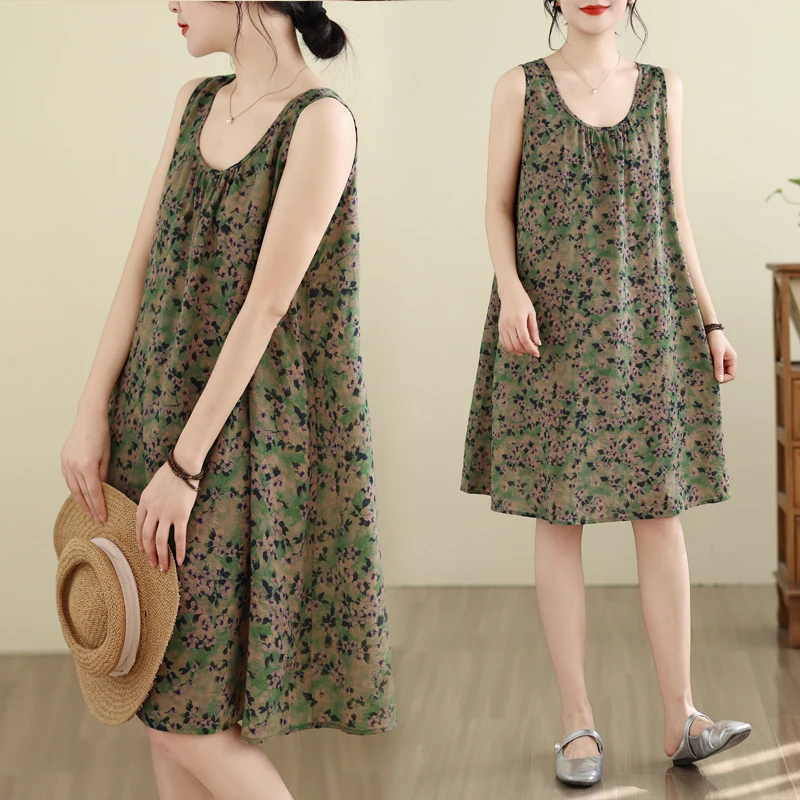 

Летнее свободное хлопково-льняное платье макси с принтом, женское, больших размеров, А-силуэт, без рукавов, с круглым вырезом, в художественном стиле, для прогулок по городу