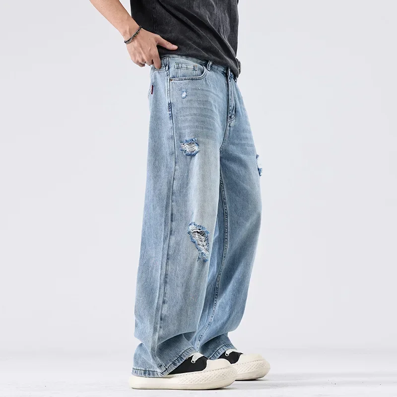 

Men Zipper Fly Casual 2025 Straight Jeans Ripped Distressed Holes Jean Washed Loose Fit High Waist Full Length Denim Pants