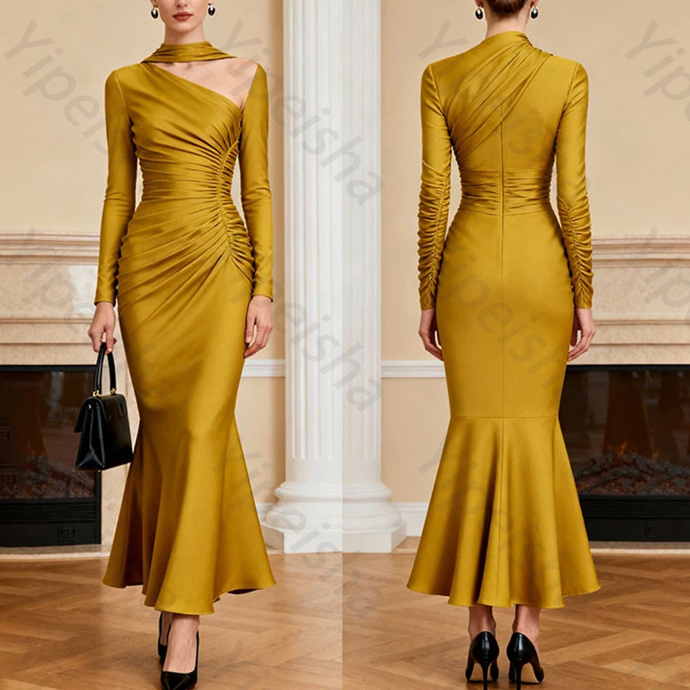 

Sexy Long Sleeve Mermaid Bodycon Evening Dresses Elegant Pleat Celebrity Dress Exquisite High Quality Prom Party Gown Customized