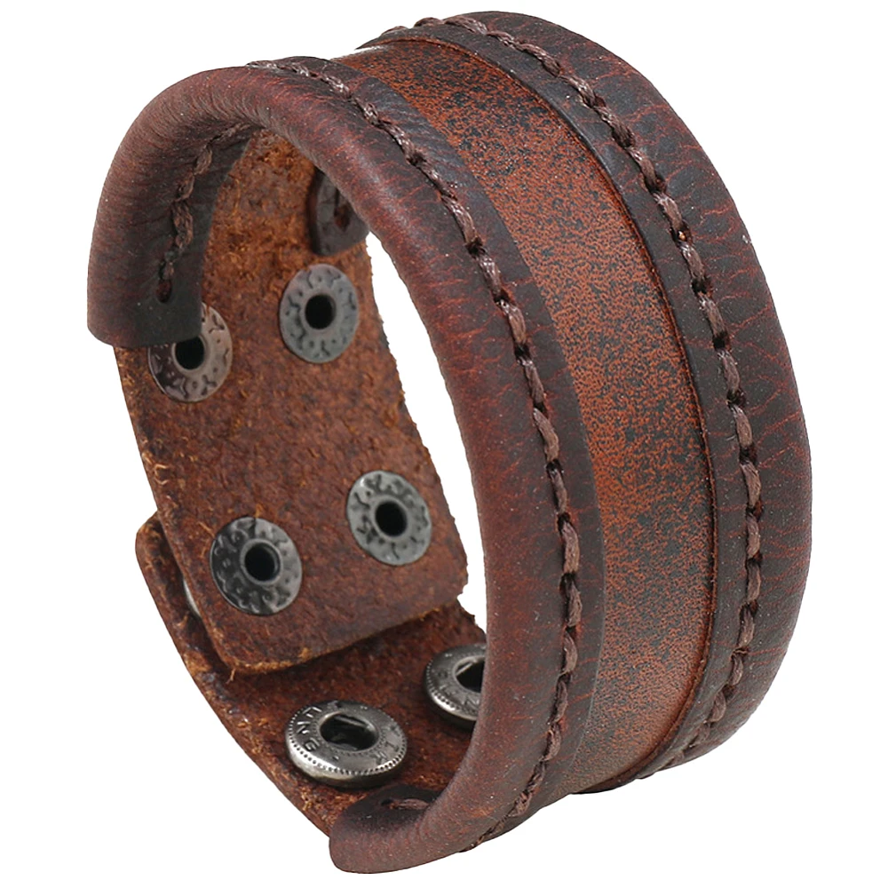 Vintage Wide Cowhide Leather Bracelet Cuff Adjustable Handmade Genuine Leather Bangle Wristband with Snap Button Rock Biker