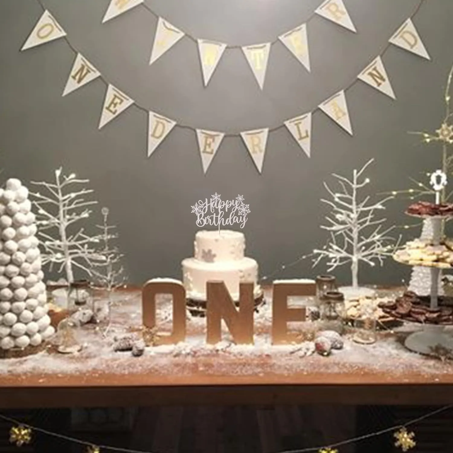 1 Packung Schneeflocken-Kuchenaufsatz „Happy Birthday“, glitzernd, für den Winter, gefrorenes Thema, Kuchendekorationen – Weihnachtsfeierzubehör, Silber – Detail 4