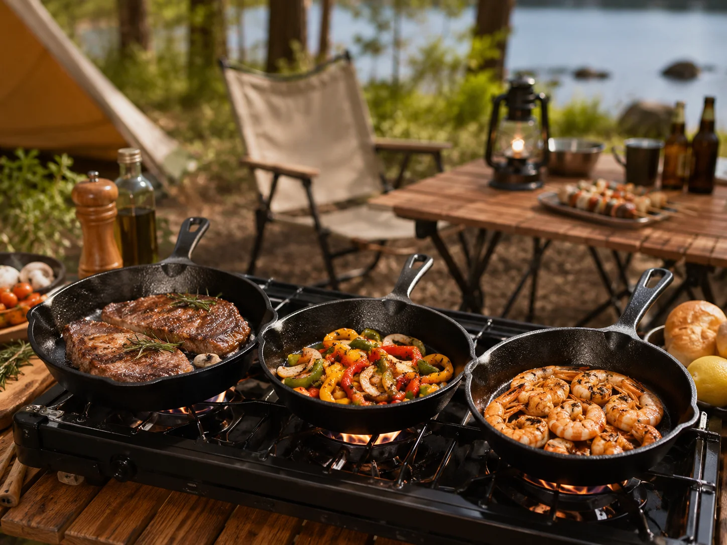 3‑Piece Pre‑Seasoned Cast Iron Frying Pan Skillet Set, Heavy‑Duty Non‑Stick Cookware with Pour Spouts, Compatible with Stovetop, Oven, Grill and Campfire, Perfect for Steak, Eggs, Pancakes