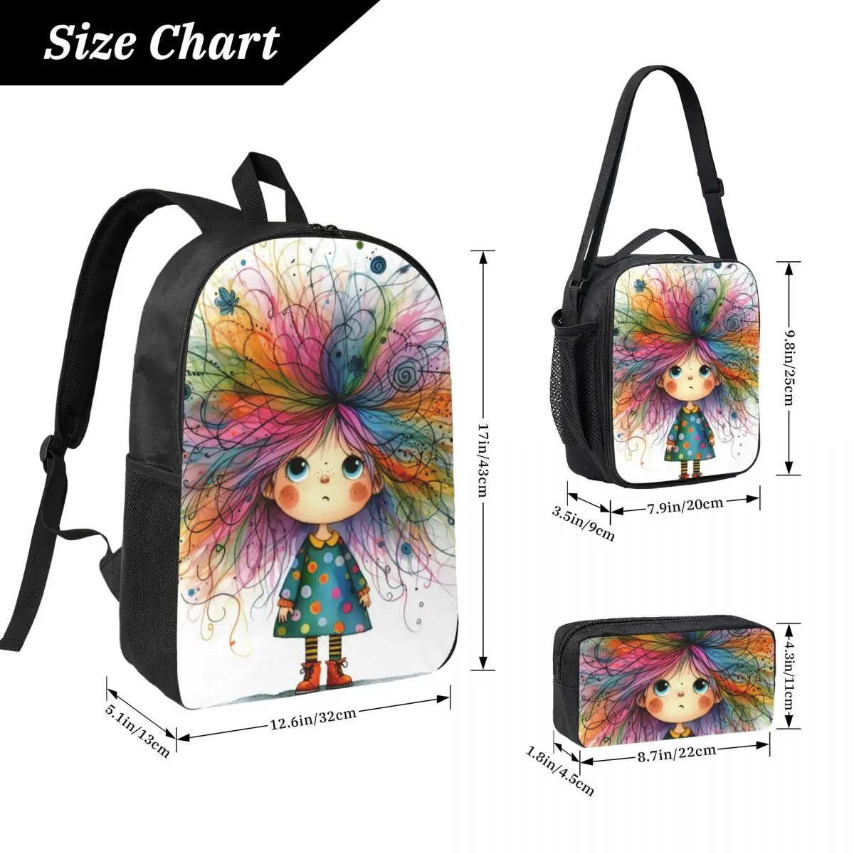 Whimsy Colorful Hair Girl Backpack Boys Girls BookBag School Bag Computer Shoulder Bags 3ps Insulated Lunch Bag Pencil Case