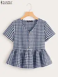 ZANZEA Women Elegant V Neck Gingham Blouses 2024 Summer Casual Short Sleeve Checked Blusas Mujer Vintage Ruffled Hem Smock Tops