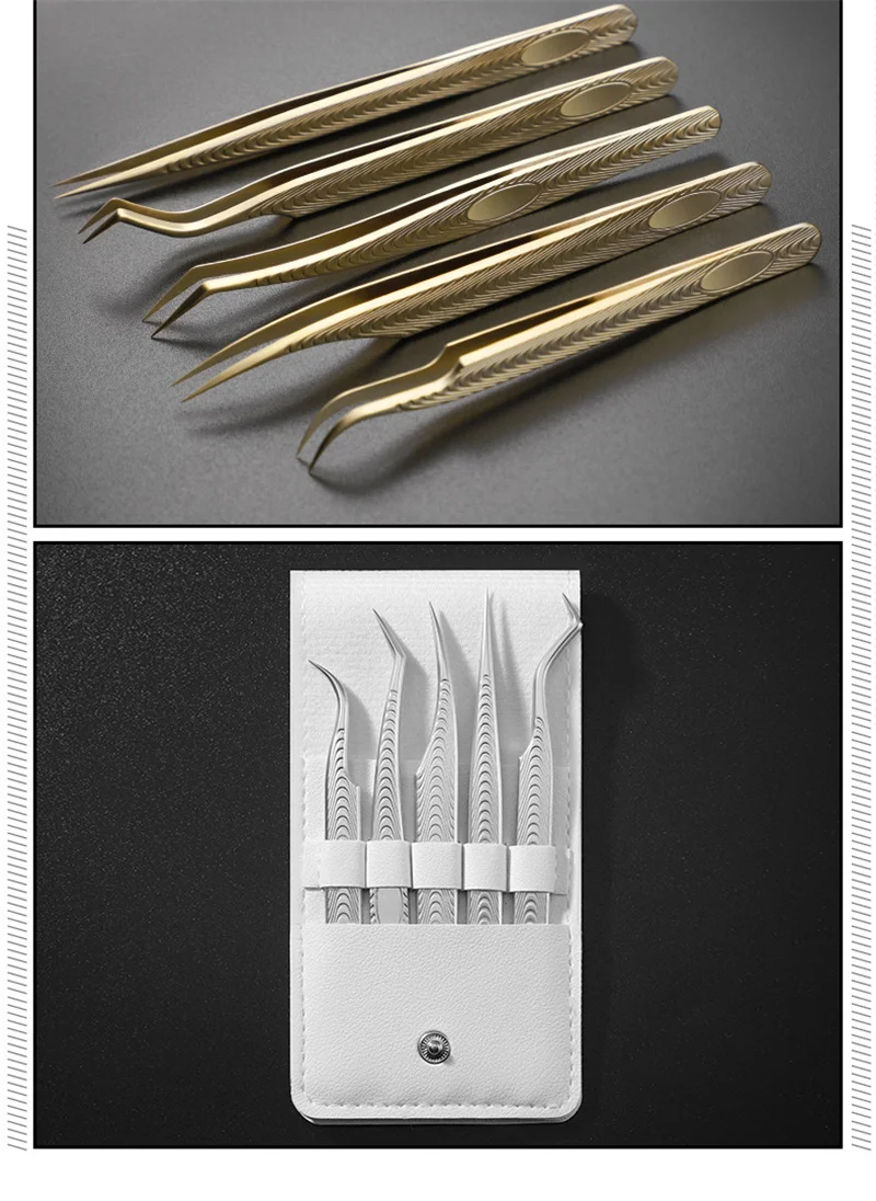 5-teiliges Wimpernverlängerungs-Pinzetten-Set, Wimpernapplikator-Werkzeug, Edelstahl, gebogen, gerade, für falsche Wimpern, Clip, Make-up, Nagelkunst-Werkzeuge – Detail 5