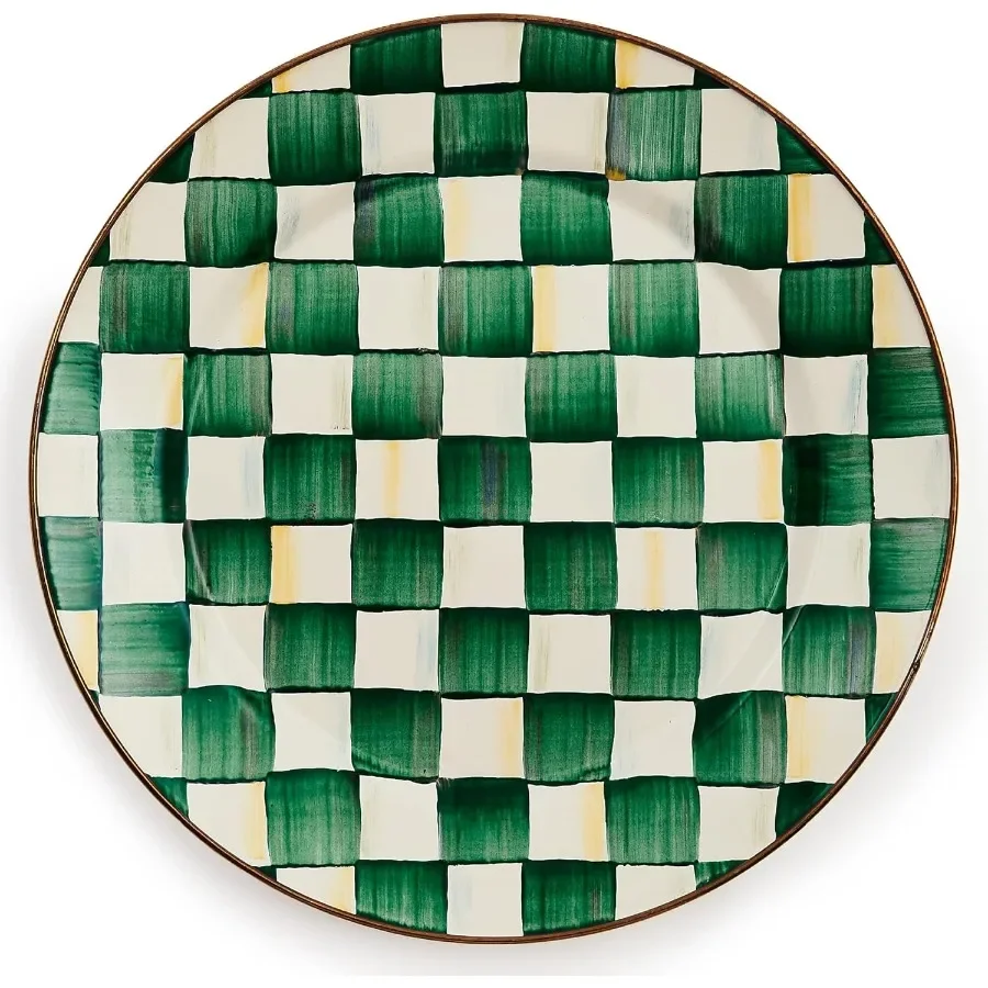 Piring Hias Enamel untuk Piring Makan atau Dekorasi Rumah 12 Inci Hijau dan Putih Motif Emerald Check