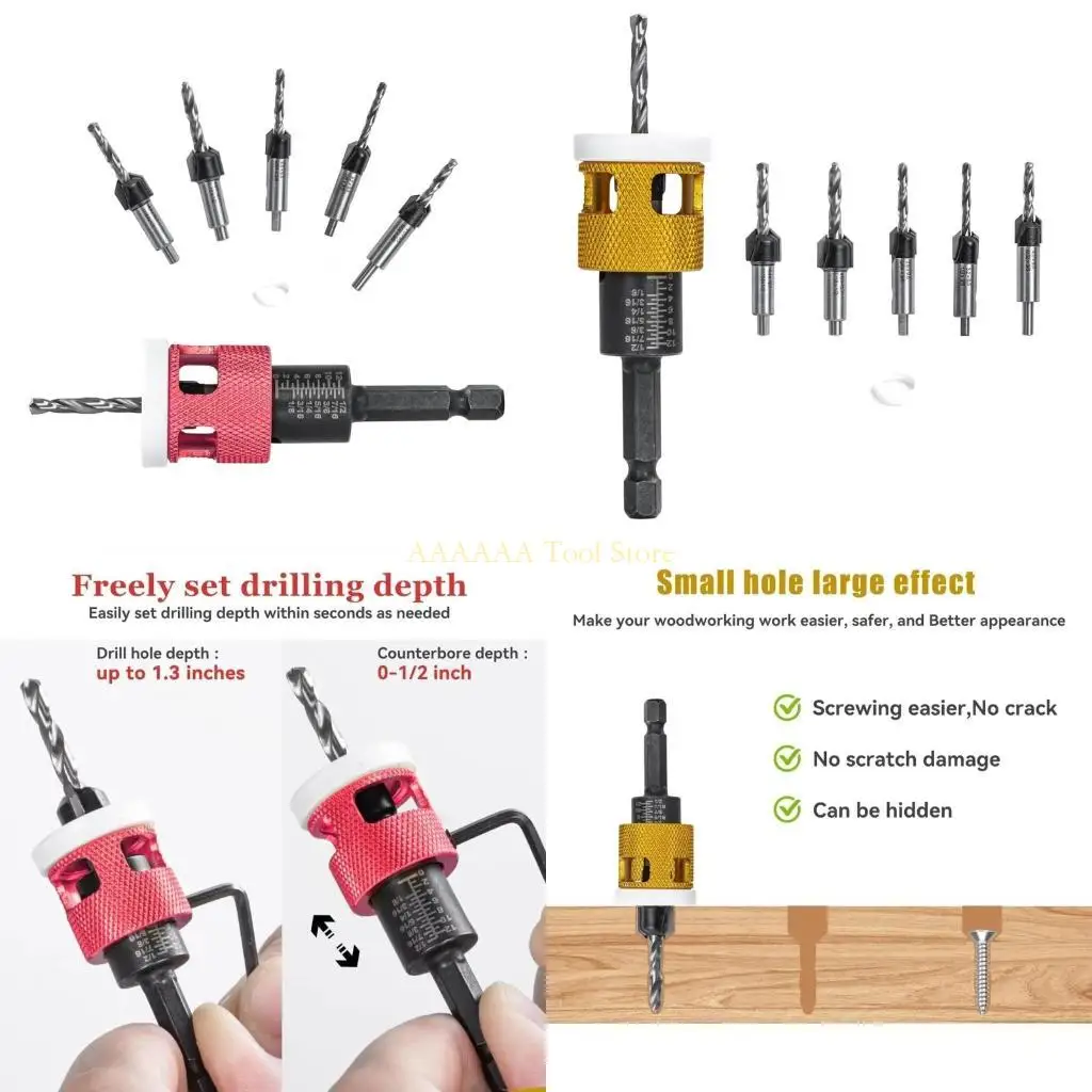 

A2BE Набор из 5 сверл с шестигранным хвостовиком и зенковкой с регулируемым ограничителем глубины для повышения точности при и