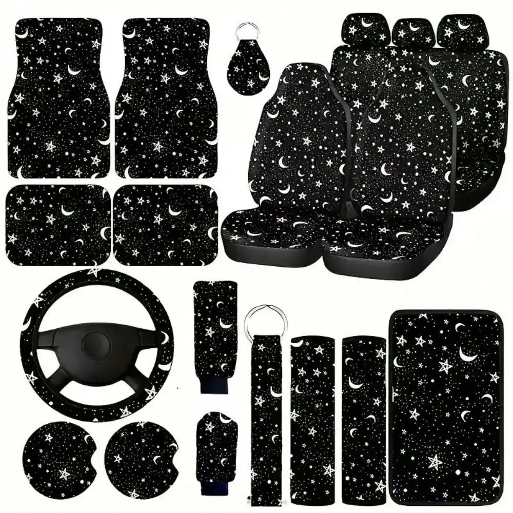 21 Pieces of Moon and Star Luxury Car Seat Set, universal 15 inch Steering Wheel Cover, Seat Belt Shoulder Pad, Keychain, Coaster, Glove and Handbrake Cover, Stylish Car Interior Set