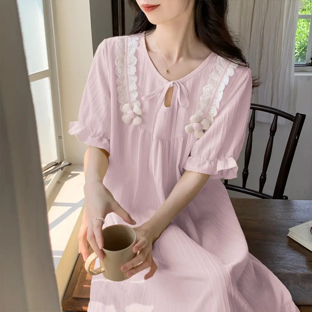 

Kawaii Clothes Sleepwear Women Summer Cotton Nightgown Short Sleeve Dresses Ruffle Loungewear Homewear Korean Loose Pajamas