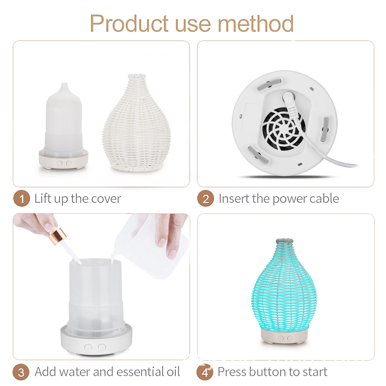 Humidificador de aire para aromaterapia, difusor de aceites esenciales, Mini Humidificador Usb, florero de madera, luz colorida