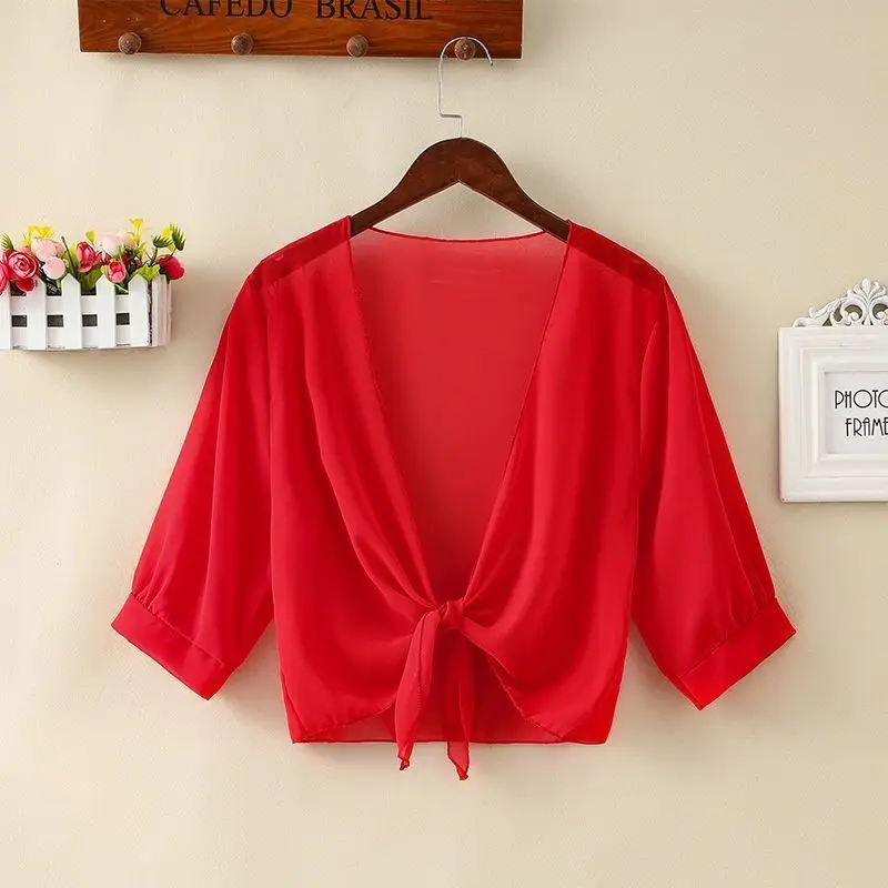 Korean Women's Sun Clothing Summer Air Conditioned Cardigan Sunscreen Shawl Female Chiffon Ice Silk Blouse Neck Guard Cloak R13