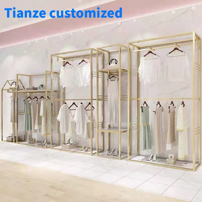 （customized）Modern Boutique Garment Hanging Stand Shelving Heavy Duty Display Rack Clothes Shop Cheap Clothing Rack