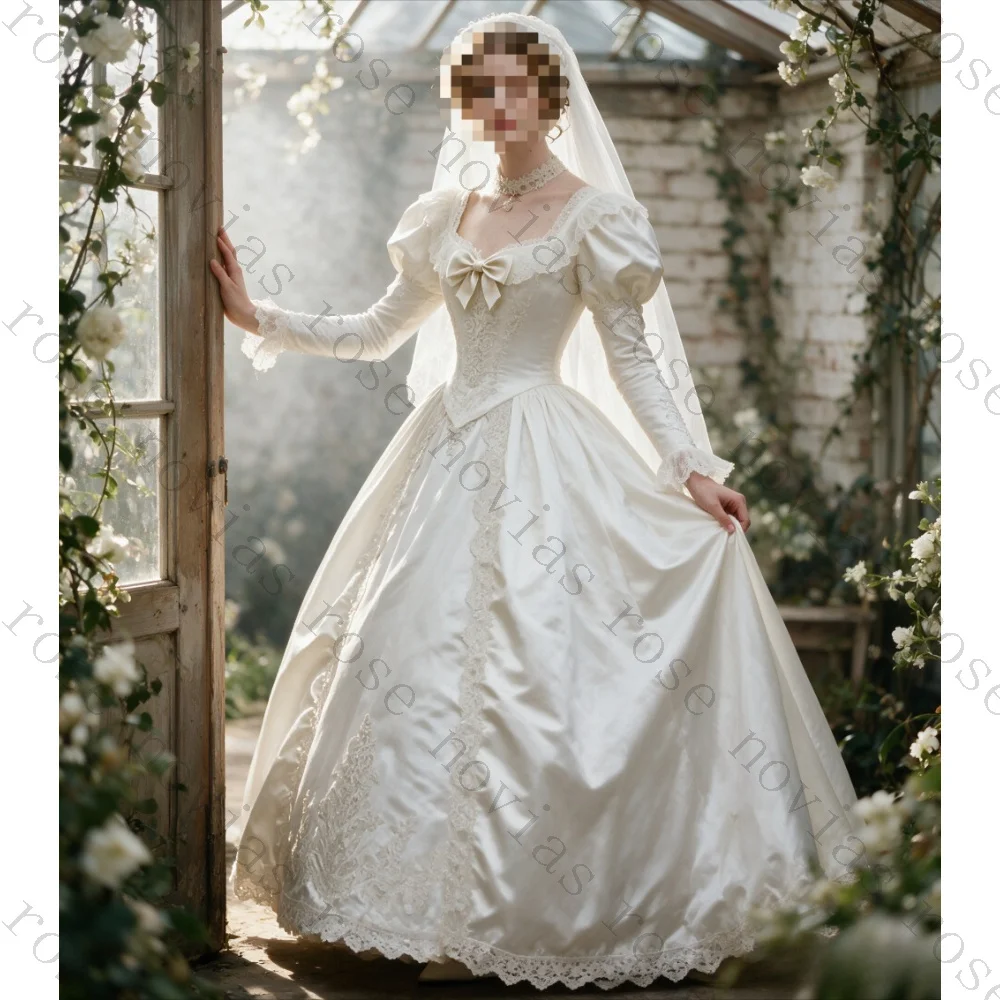 Customized Retro Square Neck Bubble Sleeve Victoria Wedding Dress 2026 Elegant Waist Cinched Backless Bow Princess Bridal Gown