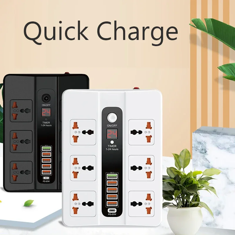 6 Ports 20W PD QC3.0 USB Fast Charger Type C Quick Charge Station Adapter 3000W 6 AC Outlets Power Strip for iPhone 12 Samsung